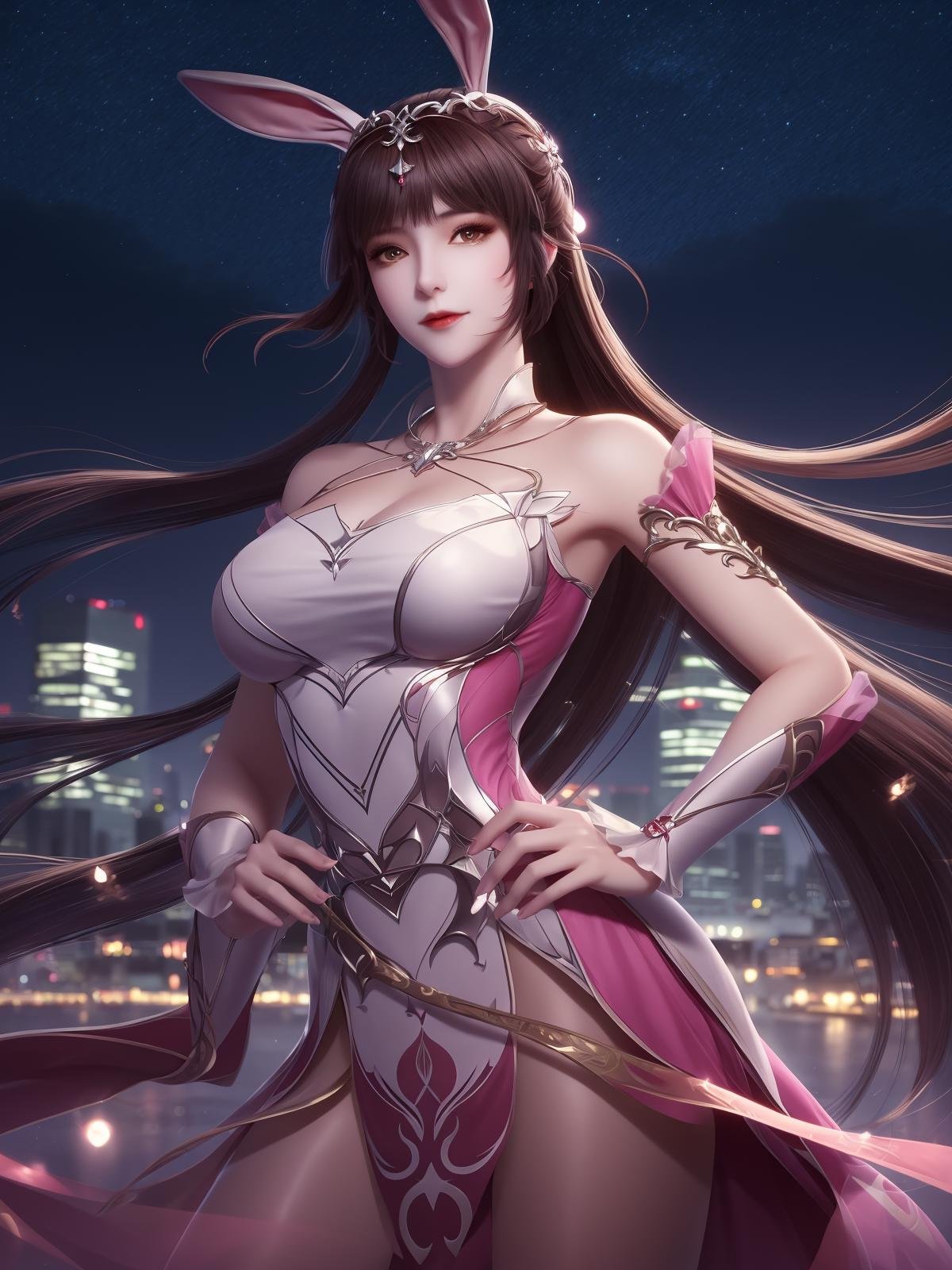 DLDLxiaowu, 1girl, brown hair, rabbit ears, ponytail, solo, dress, long hair, hair ornament, metal collar, looking at viewer, shiny hair, closed mouth, <lora:DLDLxiaowuYSY1228:0.75>,cityscape, night, mature female, 