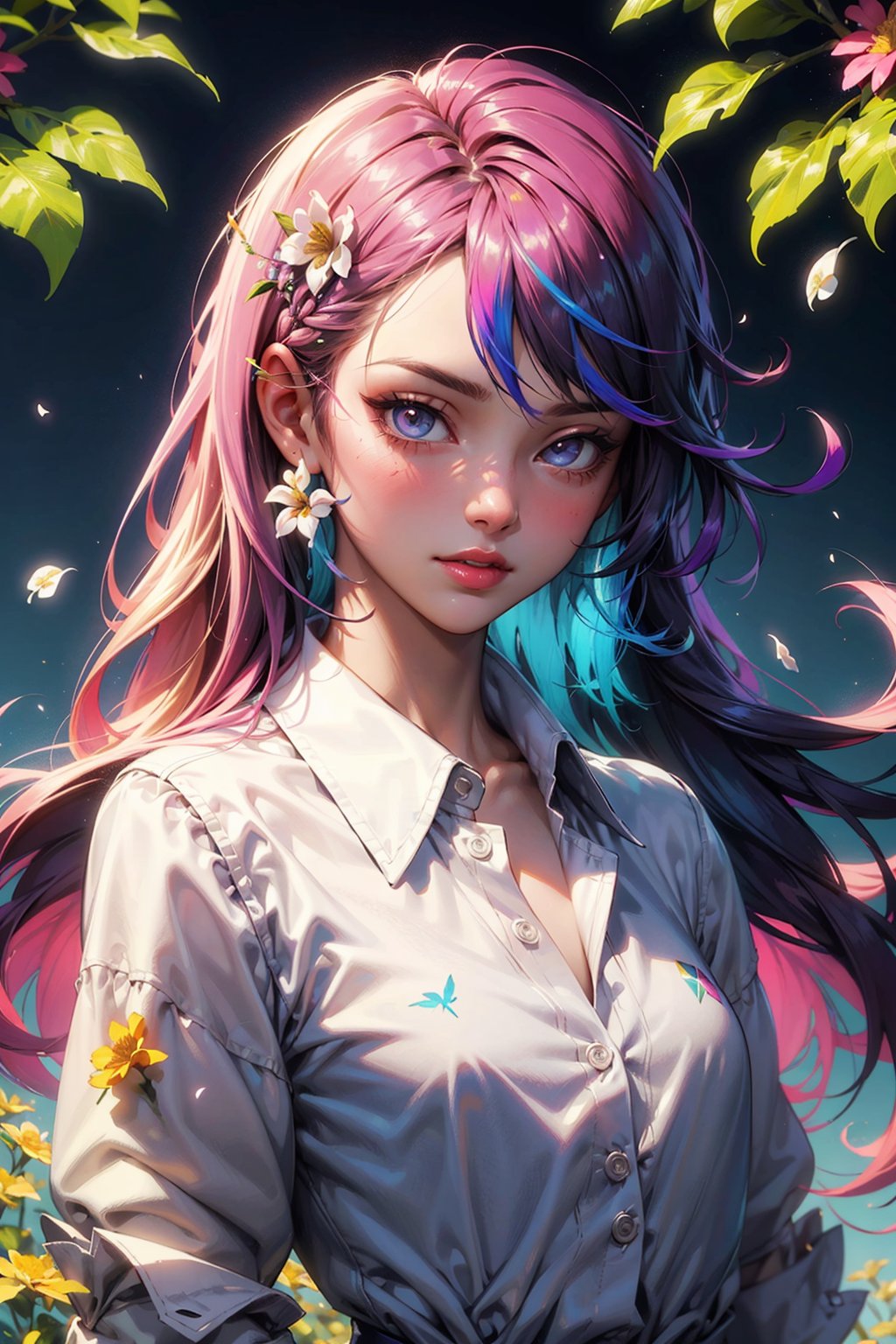 upper body, (photorealistic:1.2), (beautiful young lady), (pretty), (ethereal:1.2), (highly detailed), seductive, (floating hair), golden hair, gradient rainbow hair, floral background, (many small flowers:1.5), hair flowers, lipstick, petals, white button up shirt, (vivid colors:1.6), flower background, (limited palette\: rainbow), (colorful summer), looking at viewer, 
greg rutkowski, conrad roset, sylvain sarrailh