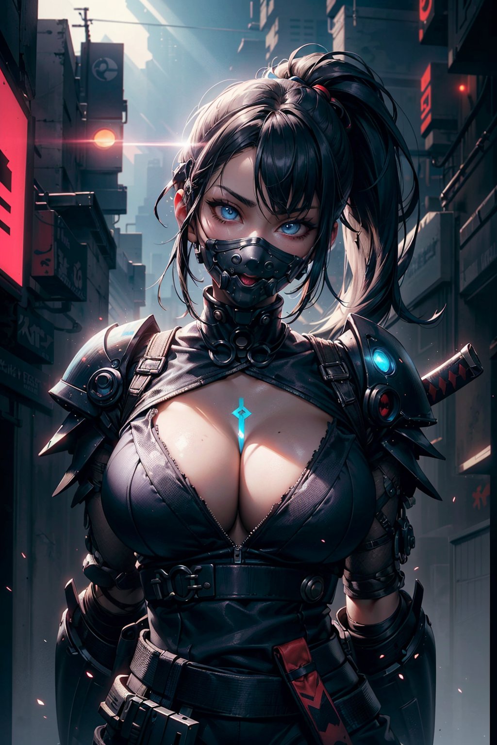 Super realistic, hyper realistic, super detailed, (cyber samurai, long hair pony tail, blue eyes, black hair, (cleavage:0.9), upper body, vampire mask, cyberpunk glowing armor, clothing cutout, mask, cyberpunk background, science fiction, dynamic, vibrant, action-packed, detailed character design, mouth mask, cyborg, cyberpunk, holding a katana, katana handle sticking out behind back:1.3) (glowing simple black background:0.8), masterpiece, best quality, wide-angle Hyperdetailed, masterpiece, best quality, 8k, natural lighting, soft lighting, sunlight, HDR (High Dynamic Range), Maximum Clarity And Sharpness, Multi-Layered Textures