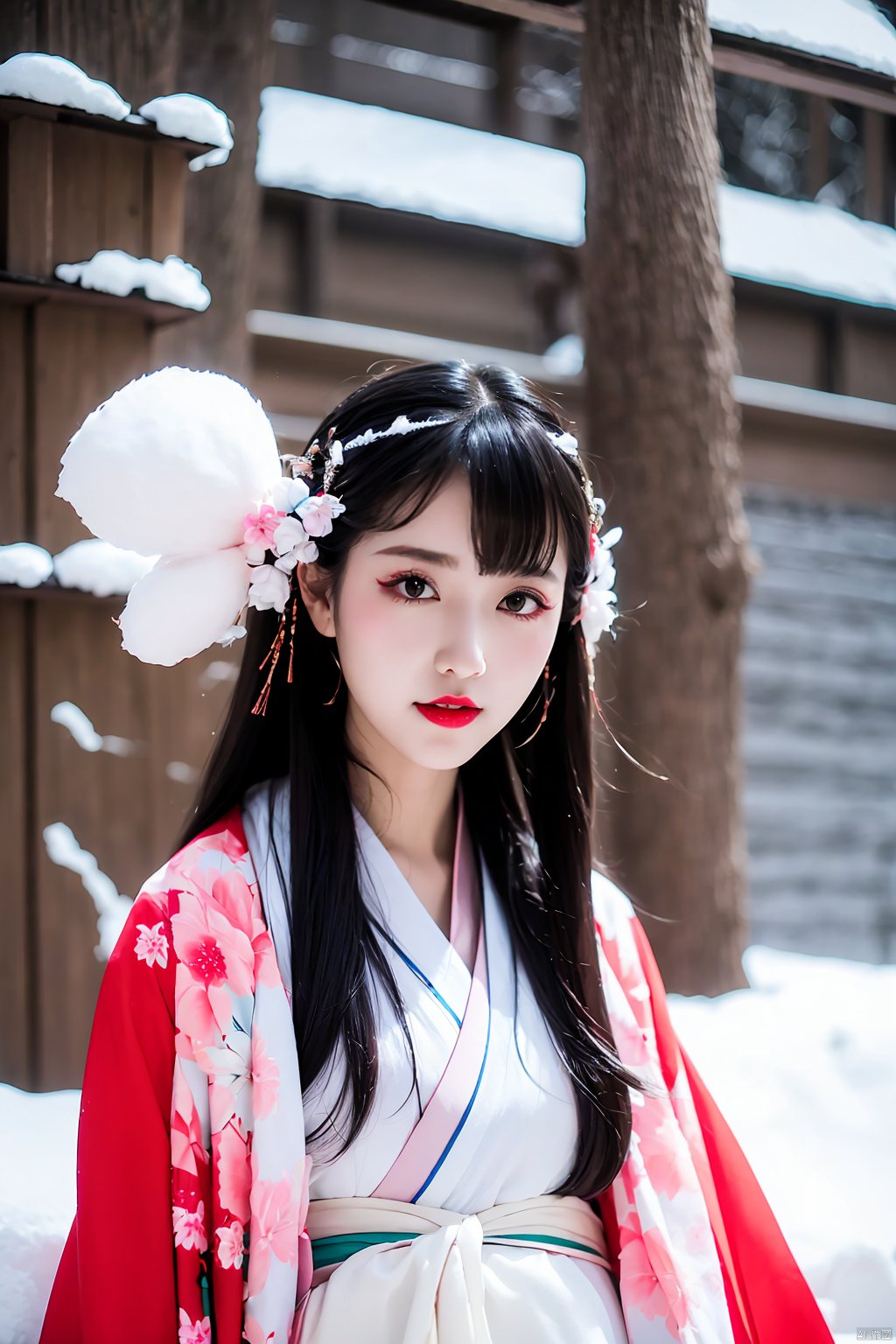 tree, 1girl, bare_tree, japanese_clothes, solo, black_hair, snow, kimono, makeup, red_lips