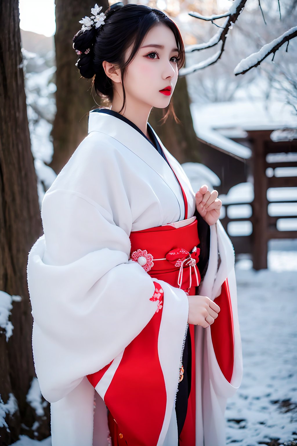 tree, 1girl, bare_tree, japanese_clothes, solo, black_hair, snow, kimono, makeup, red_lips