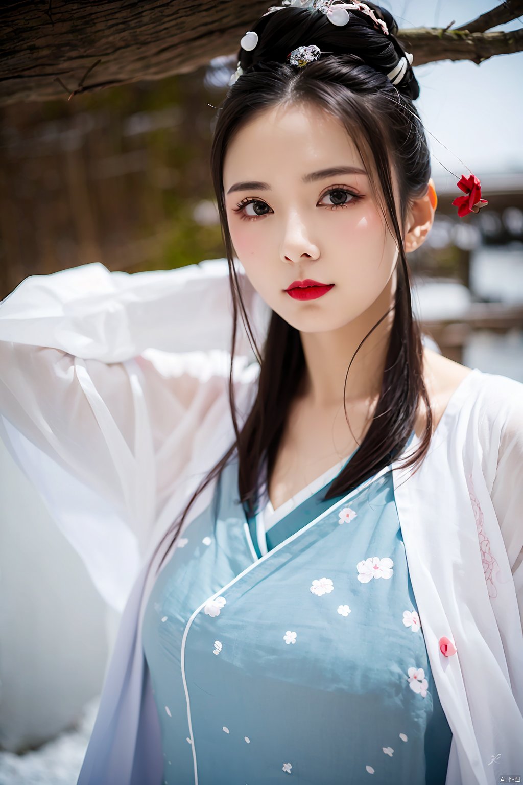 tree, 1girl, bare_tree, japanese_clothes, solo, black_hair, snow, kimono, makeup, red_lips