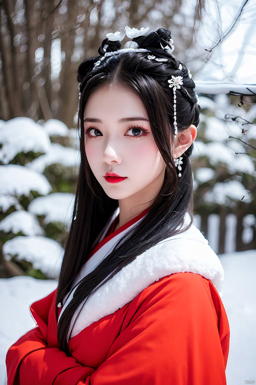 tree, 1girl, bare_tree, japanese_clothes, solo, black_hair, snow, kimono, makeup, red_lips