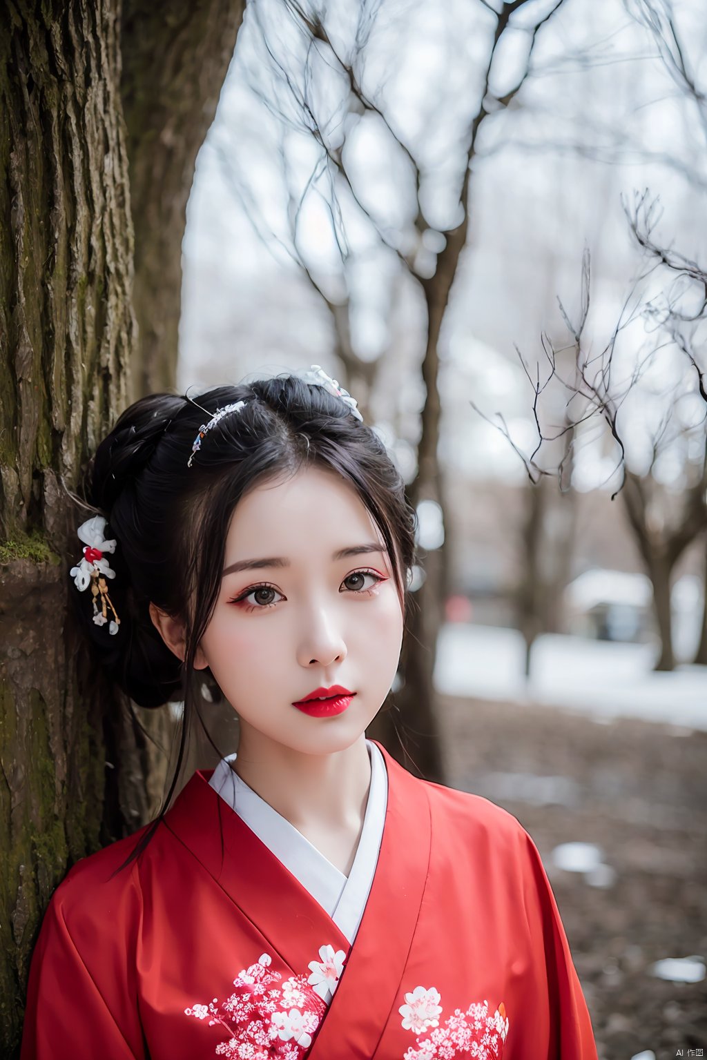 tree, 1girl, bare_tree, japanese_clothes, solo, black_hair, snow, kimono, makeup, red_lips