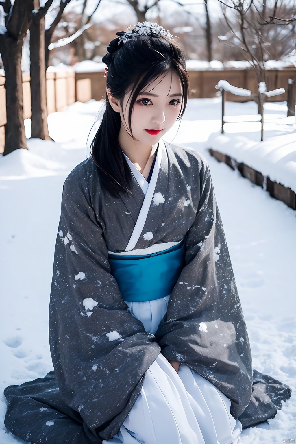 tree, 1girl, bare_tree, japanese_clothes, solo, black_hair, snow, kimono, makeup, red_lips