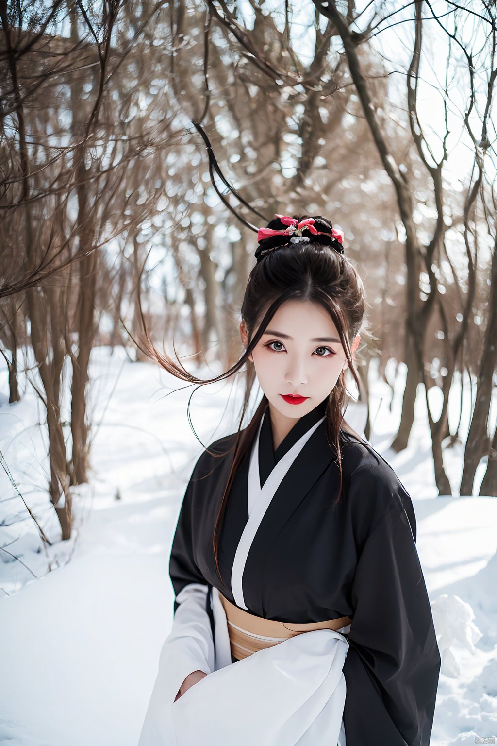 tree, 1girl, bare_tree, japanese_clothes, solo, black_hair, snow, kimono, makeup, red_lips