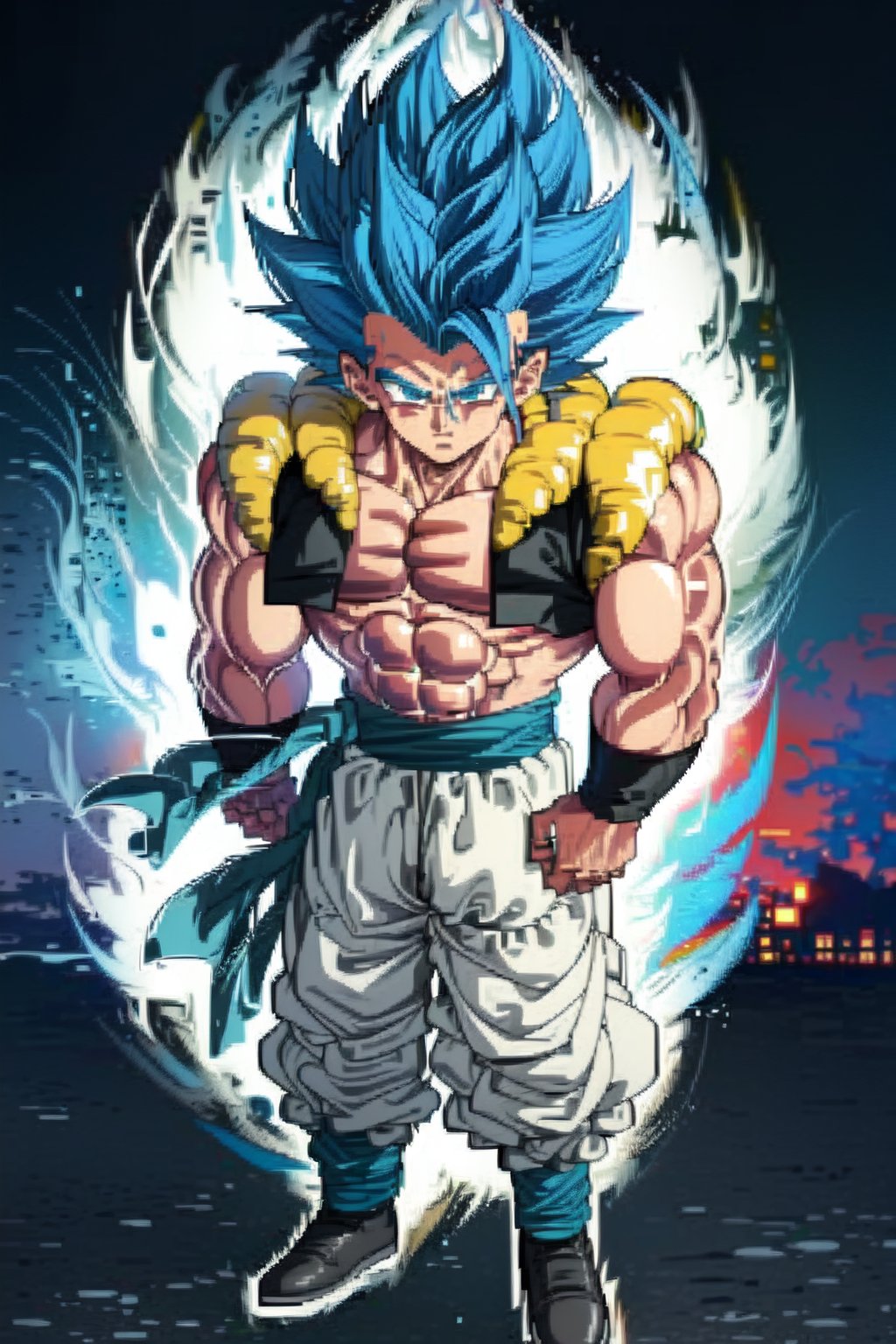 Gogeta blue, 1boy, spiky hair, blue eyes, blue hair, blue eyebrows, muscular male, solo,(best quality,High detailed, blue aura, full body,Pixel art