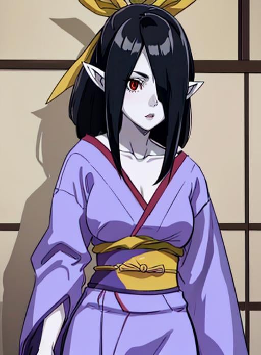 best quality, (masterpiece),(ultra-detailed), (high quality), (high resolution), <lora:mihasa:0.7> mihasa, pointy ears, hair over one eye, black hair, red eyes, pale skin, ribbon,japanese clothes