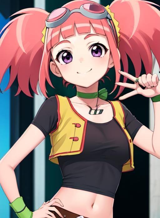 best quality, (masterpiece),(ultra-detailed), (high quality), (high resolution), <lora:tatsunomalm:0.7> tatsuno malm, belt, navel, choker, crop top, purple eyes, goggles on head, smile, pink hair, wristband, midriff, solo focus, twintails, goggles, 1girl