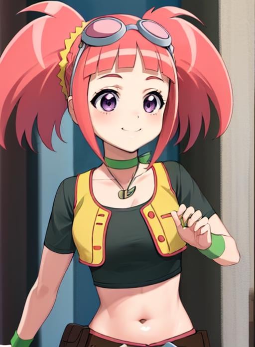 best quality, (masterpiece),(ultra-detailed), (high quality), (high resolution), <lora:tatsunomalm:0.7> tatsuno malm, belt, navel, choker, crop top, purple eyes, goggles on head, smile, pink hair, wristband, midriff, solo focus, twintails, goggles, 1girl