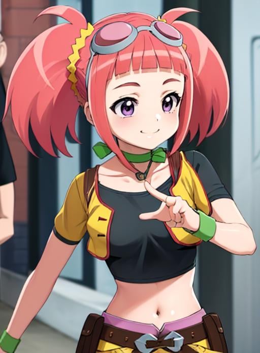 best quality, (masterpiece),(ultra-detailed), (high quality), (high resolution), <lora:tatsunomalm:0.7> tatsuno malm, belt, navel, choker, crop top, purple eyes, goggles on head, smile, pink hair, wristband, midriff, solo focus, twintails, goggles, 1girl