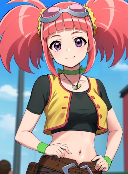 best quality, (masterpiece),(ultra-detailed), (high quality), (high resolution), <lora:tatsunomalm:0.7> tatsuno malm, belt, navel, choker, crop top, purple eyes, goggles on head, smile, pink hair, wristband, midriff, solo focus, twintails, goggles, 1girl