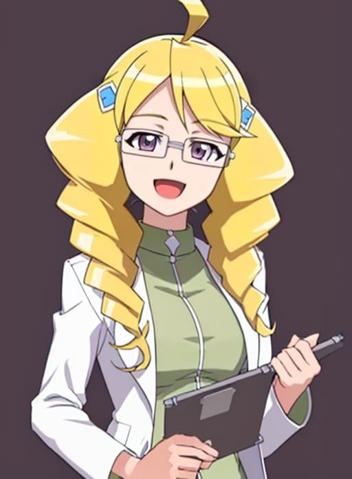 best quality, (masterpiece),(ultra-detailed), (high quality), (high resolution), <lora:tatsunoriasu:0.7> tatsuno riasu, ahoge, labcoat, solo, purple eyes, smile, blonde hair, open mouth, simple background, long hair, hair ornament, hairclip, clipboard, glasses, 1girl, drill hair