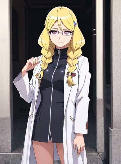 best quality, (masterpiece),(ultra-detailed), (high quality), (high resolution), <lora:tatsunoriasu:0.7> tatsuno riasu, blonde hair, glasses, long hair, hairclip, labcoat, purple eyes, braid