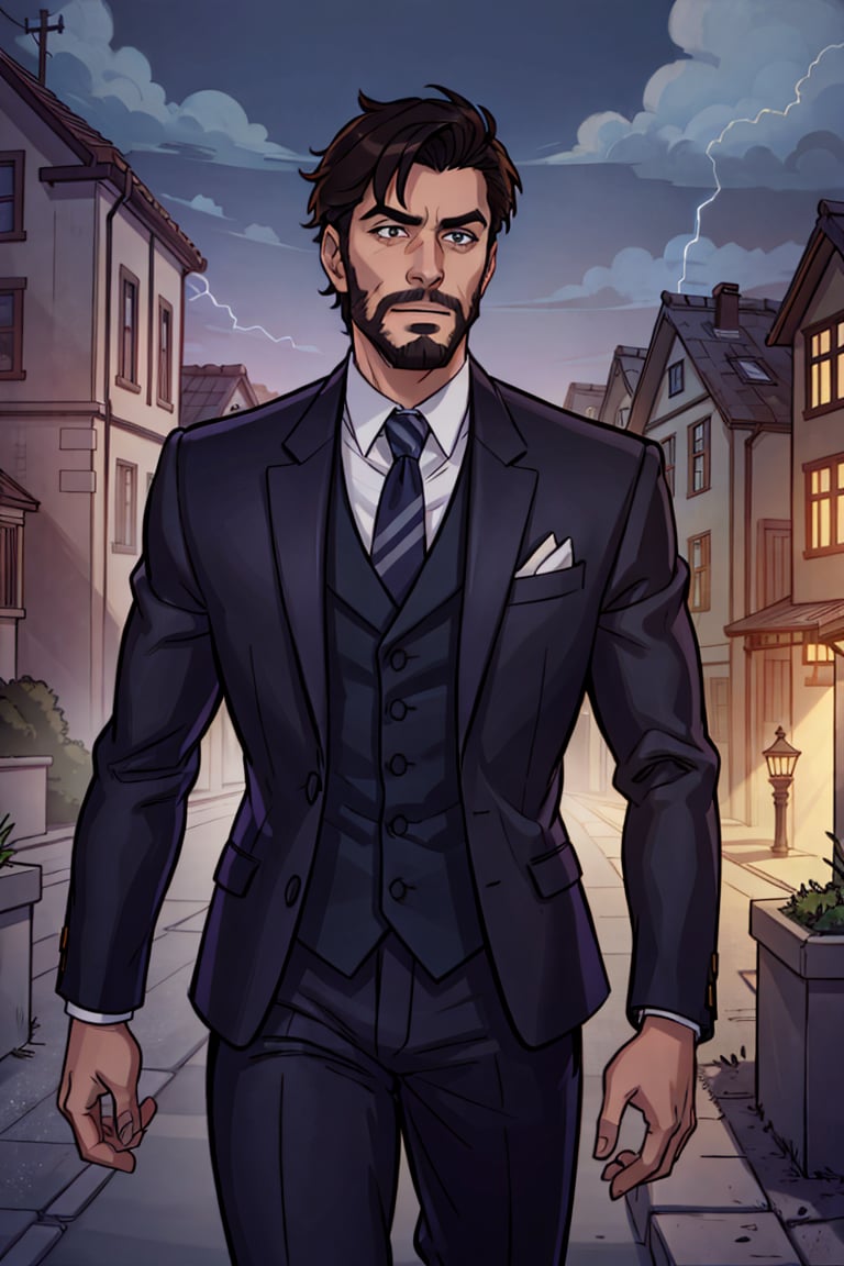 (masterpiece), (best quality:1.6), ((knight)), 1boy, photorealistic, cinematic, 8k, unreal engine, handsome male wearing a tuxedo suit, street, overcast, reflection mapping, intricate design and details, dramatic lighting,  ((mature male)), detailed eyes, dark hair, short hair, (handsome), beard, (nighttime), heroic, cinematic lighting, 4k, highly detailed, lightning around body, dark, good lighting, detailed lighting