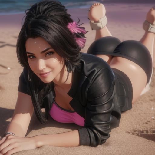 (((a woman laying on the stomach on the beach:1.2))) (((<lora:PureOnyxLora:0.7>  woman, iroquois, sidecut, braids, wearing black jacket, pink top, black pants))),beautiful eyes, horny smile, horny expression:1.2; full body:1.1,w contrast beautiful girl, high detail skin, high detail eyes, high detail hair, ((muscular:1.2)), toned body, slim athletic body,  skimpy, pretty breasts with hard small areola beautiful nipple errect hard:1.2, light triangle form shaved hairy pussy, beautiful Small labia:1.3 small areola:1.2),5 finger, highres, ultra detailed:1, 4k, high quality, ultra realistic, sharpen image, full body, award winning photography, portrait of a beautiful woman, Professional Photo, full body shot, detailed eyes, small perky breasts, horny expression, portrait, Highly detailed, fine details, intricate, sharpen picture, deep depth of field, diffused soft lighting, reflections:0. 3, hard lighting:0. 3, perfect nipples, small nipples, colorfull picture,vivid colors, medium breasts:1.2, highres, ultra detailed:1.3, 4k, high quality, ultra realistic, sharpen image, extremely detailed CG unity 8k wallpaper, 24mm, exposure blend, hdr, faded, extremely intricate, High Detail:1, Sharp focus, soft cinematic light, looking at viewer, detailed pupils, cute smile, 4k textures, soft cinematic light,  cinematic look, insane details, hyperdetailed, Highly detailed