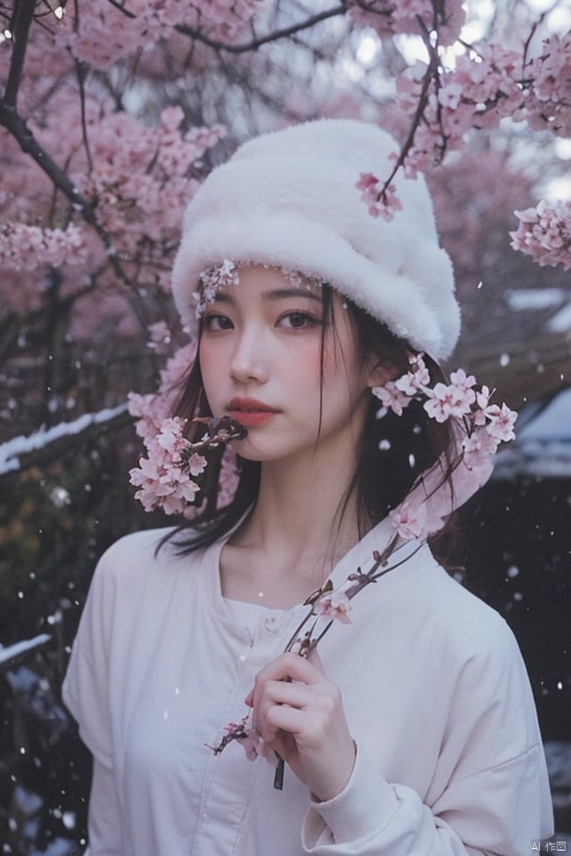 snowing,with plum blossoms next to her,
