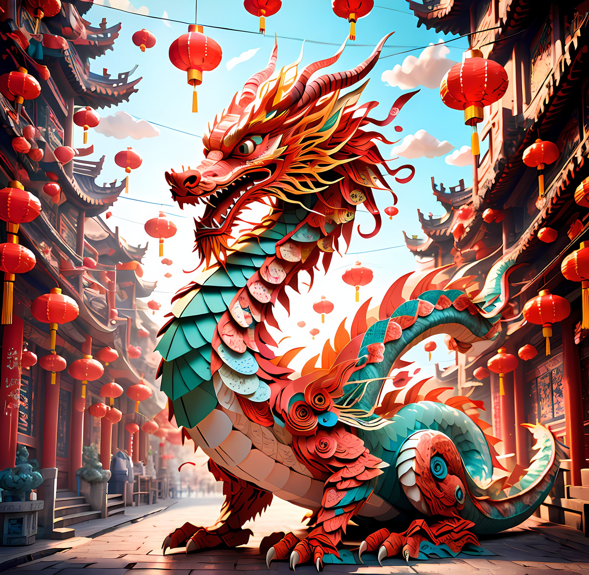 Paper art, dragon, whole body, lanterns, three-dimensional paper art, Chinese New Year, high-definition resolution, three-dimensional paper art style, colorful, natural light, rich details, three-dimensional paper art texture, dragon scales are angular