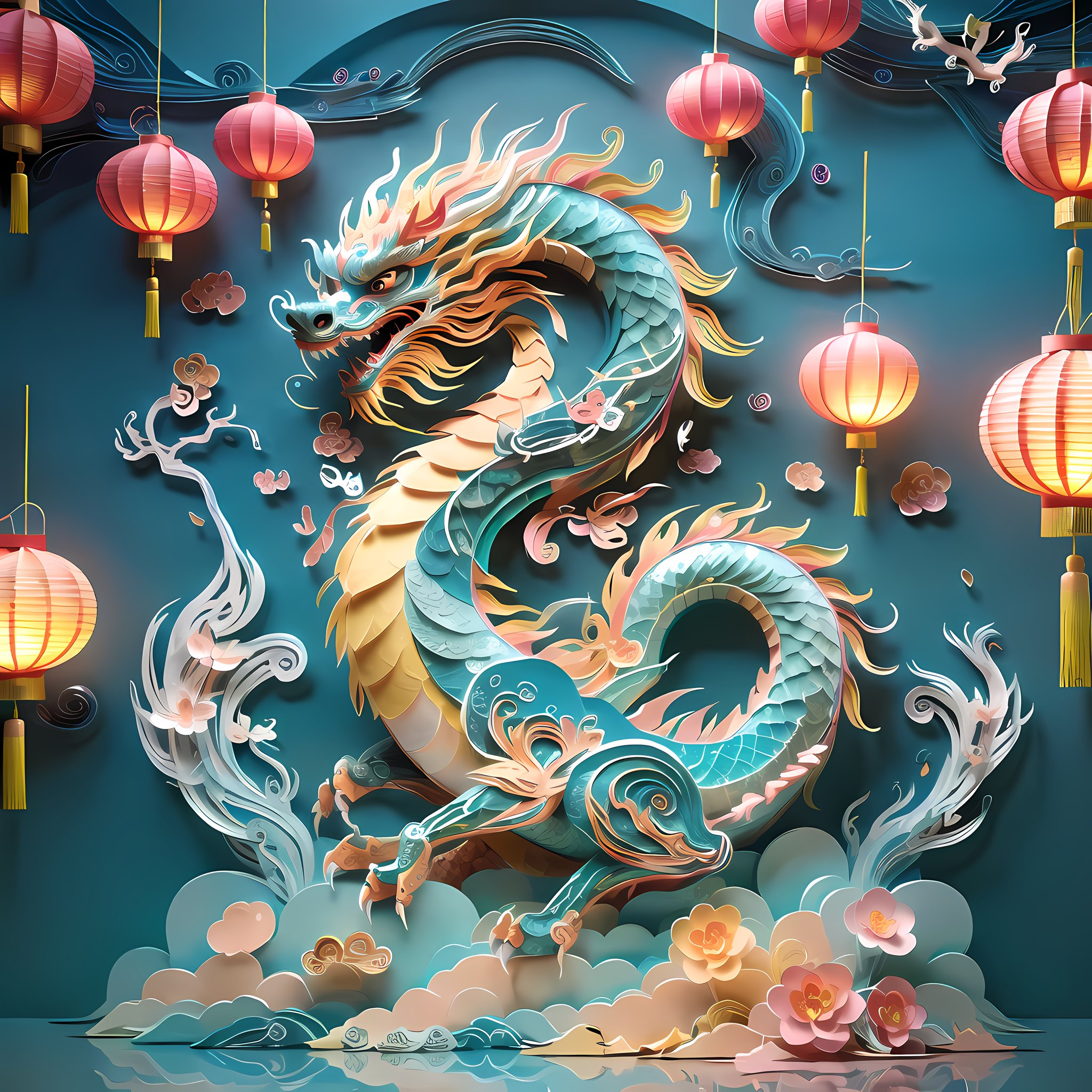 Paper art, dragon, whole body, lanterns, three-dimensional paper art, Chinese New Year, high-definition resolution, three-dimensional paper art style, colorful, natural light, rich details, three-dimensional paper art texture, dragon scales are angular