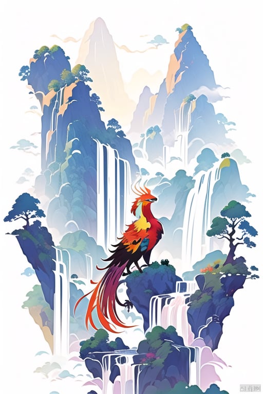 phoenix,mountains,waterfall,vector illustration,flowers,super details.leafs