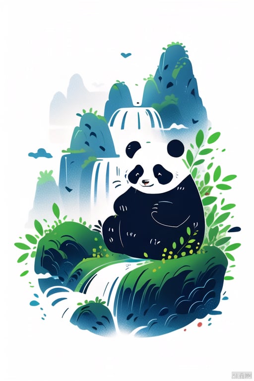 panda,mountains,waterfall,vector illustration,flowers,super details.leafs