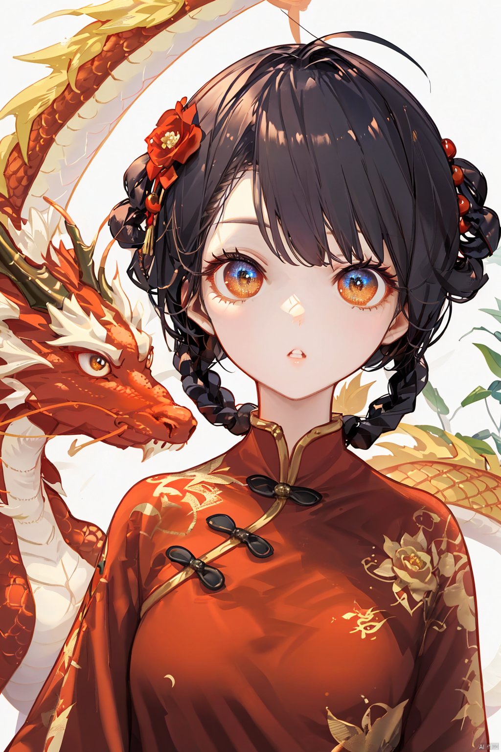 1girl, chinese clothes, solo, looking at viewer, black hair, hair ornament, hair rings, upper body, bangs, red dress, china dress, dress, braid, ahoge, dragon, white background, fur trim, breasts, red eyes, parted lips, flower, eastern dragon, tassel, short hair, orange eyes