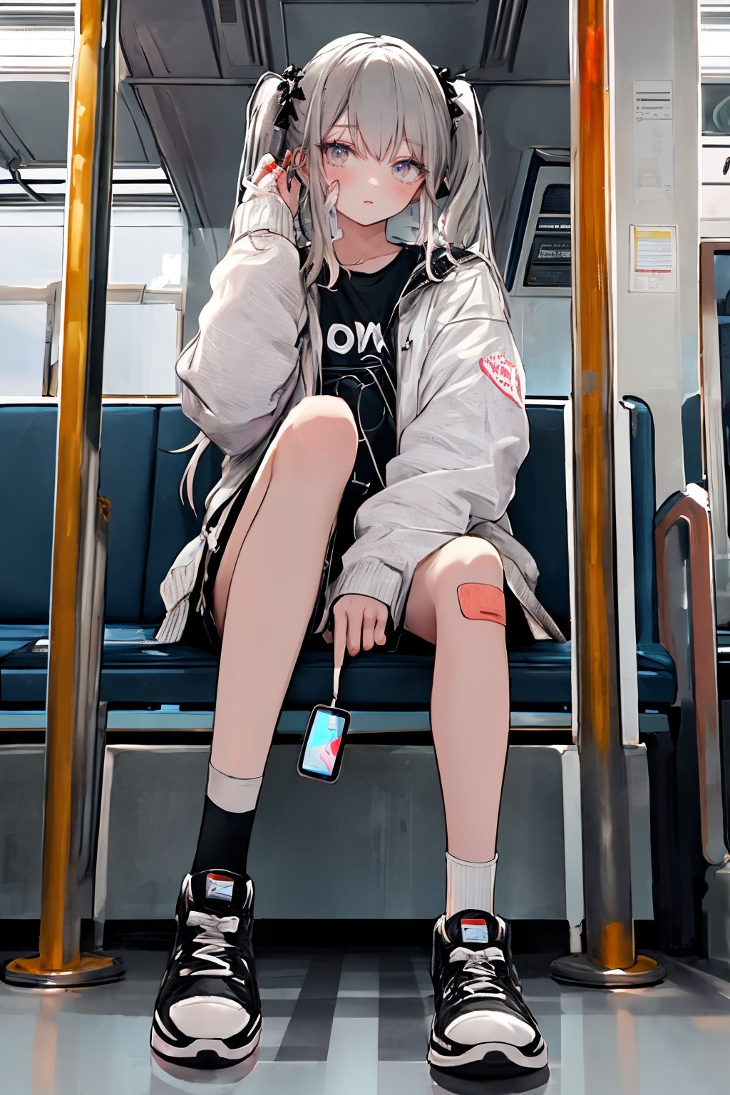 (masterpiece),,(best quality), 

1girl, solo, long hair, looking at viewer, shirt, long sleeves, bow, holding, twintails, sitting, closed mouth, jacket, full body, hair bow, grey hair, shoes, shorts, socks, open jacket, sleeves past wrists, grey eyes, black shirt, phone, black shorts, white footwear, white jacket, cellphone, bottle, black socks, sneakers, bandaid, bandaid on leg, train interior,High detailed ,masterpiece
