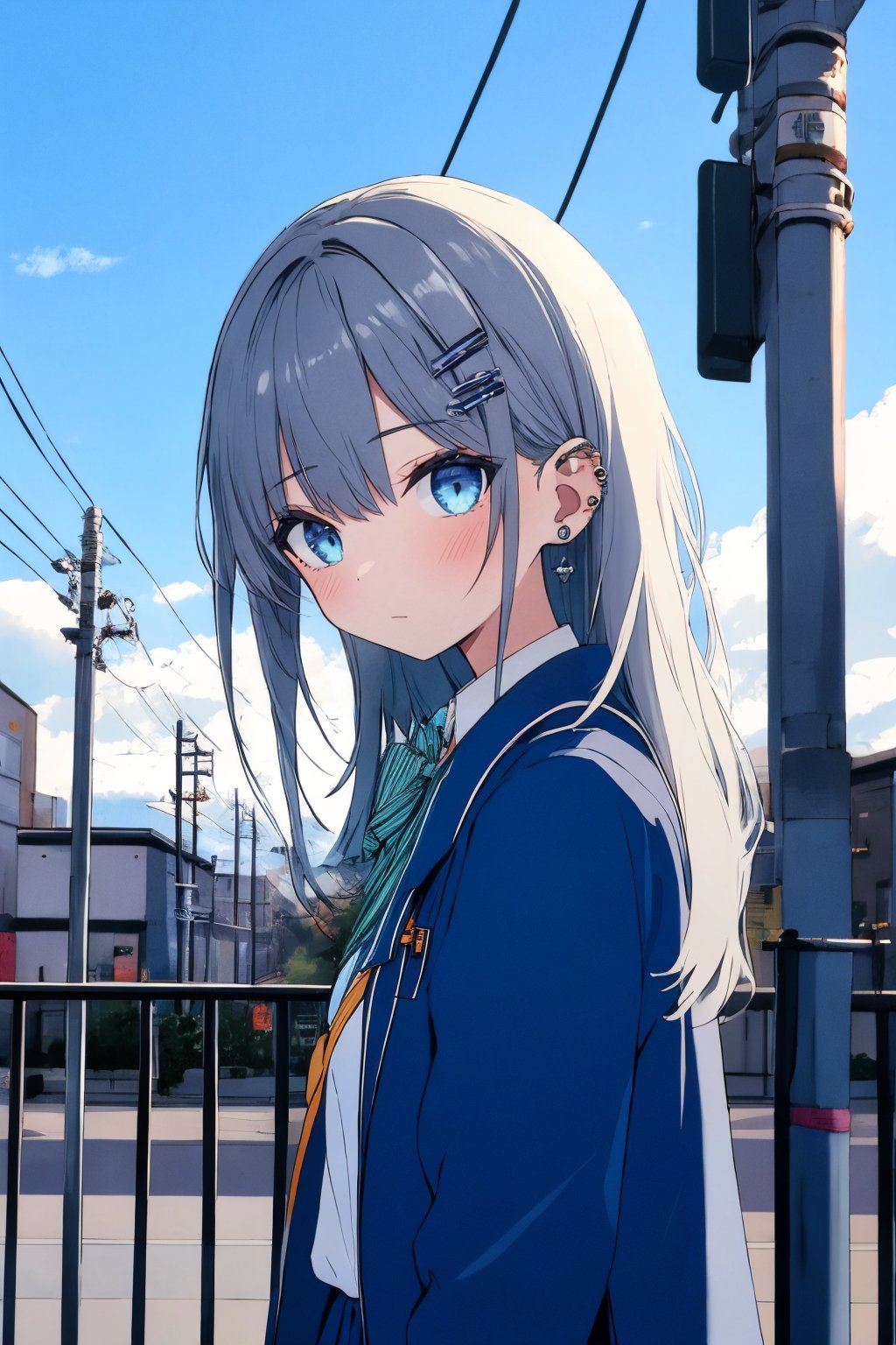 (masterpiece),,(best quality), 

1girl, solo, long hair, looking at viewer, blush, blue eyes, hair ornament, closed mouth, school uniform, jacket, upper body, grey hair, outdoors, sky, day, hairclip, cloud, bag, blue sky, piercing, blue jacket, building, ear piercing, railing, cable, earphones, power lines, utility pole