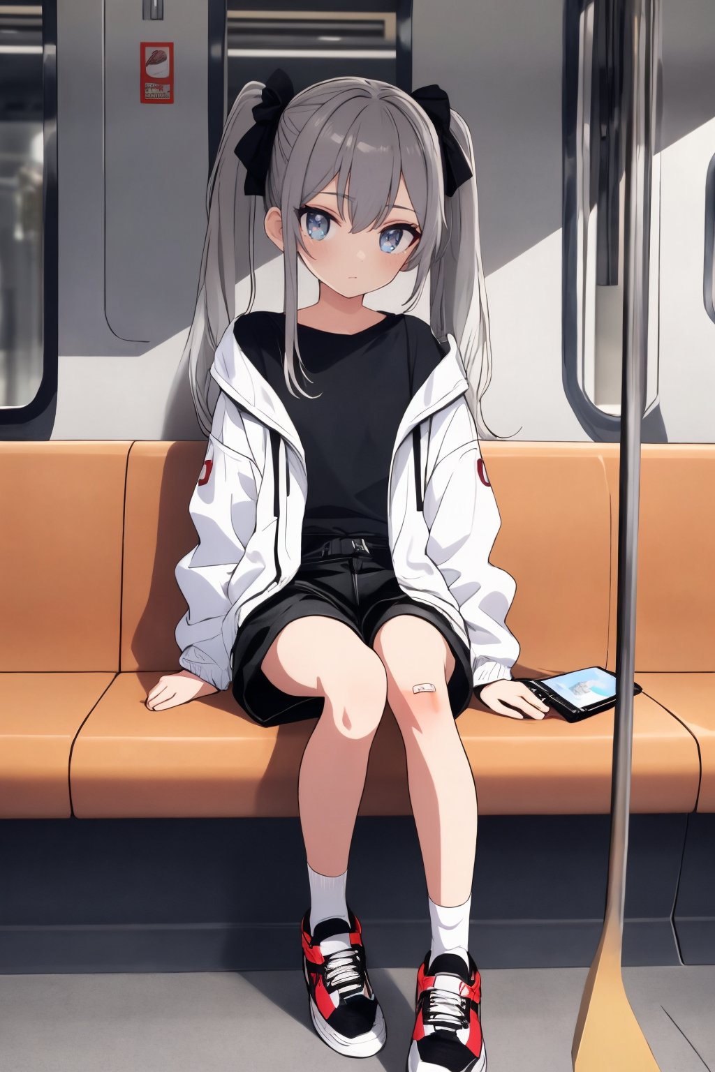 (masterpiece),,(best quality), 

1girl, solo, long hair, looking at viewer, shirt, long sleeves, bow, holding, twintails, sitting, closed mouth, jacket, full body, hair bow, grey hair, shoes, shorts, socks, open jacket, sleeves past wrists, grey eyes, black shirt, phone, black shorts, white footwear, white jacket, cellphone, bottle, black socks, sneakers, bandaid, bandaid on leg, train interior,High detailed ,masterpiece