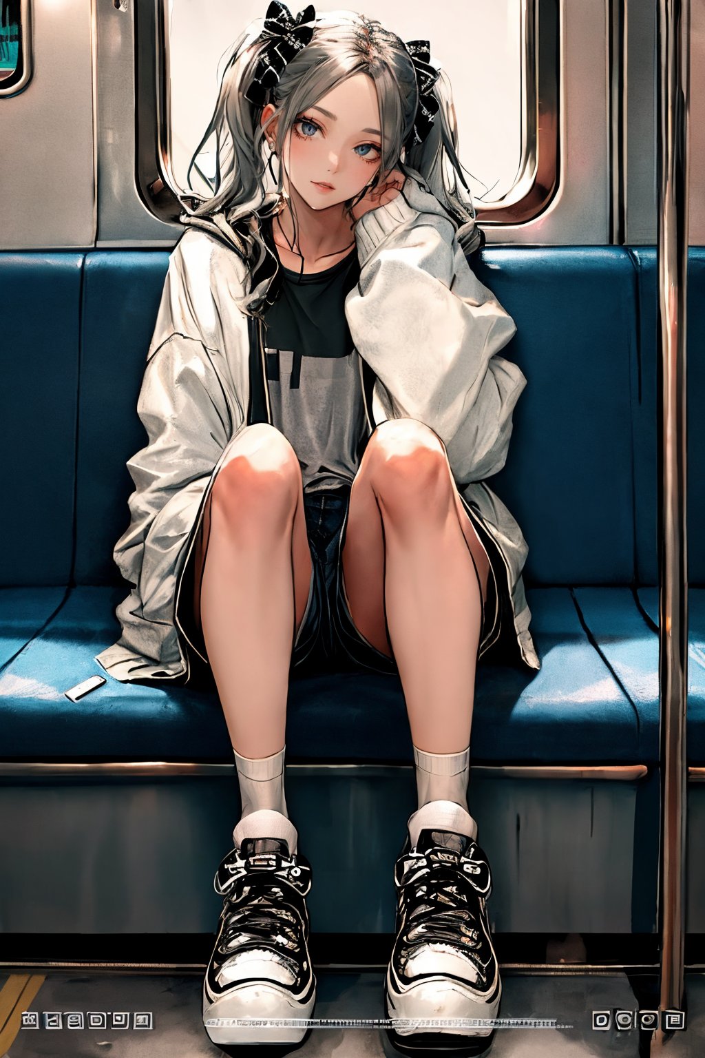 (masterpiece),,(best quality), 

1girl, solo, long hair, looking at viewer, shirt, long sleeves, bow, holding, twintails, sitting, closed mouth, jacket, full body, hair bow, grey hair, shoes, shorts, socks, open jacket, sleeves past wrists, grey eyes, black shirt, phone, black shorts, white footwear, white jacket, cellphone, bottle, black socks, sneakers, bandaid, bandaid on leg, train interior