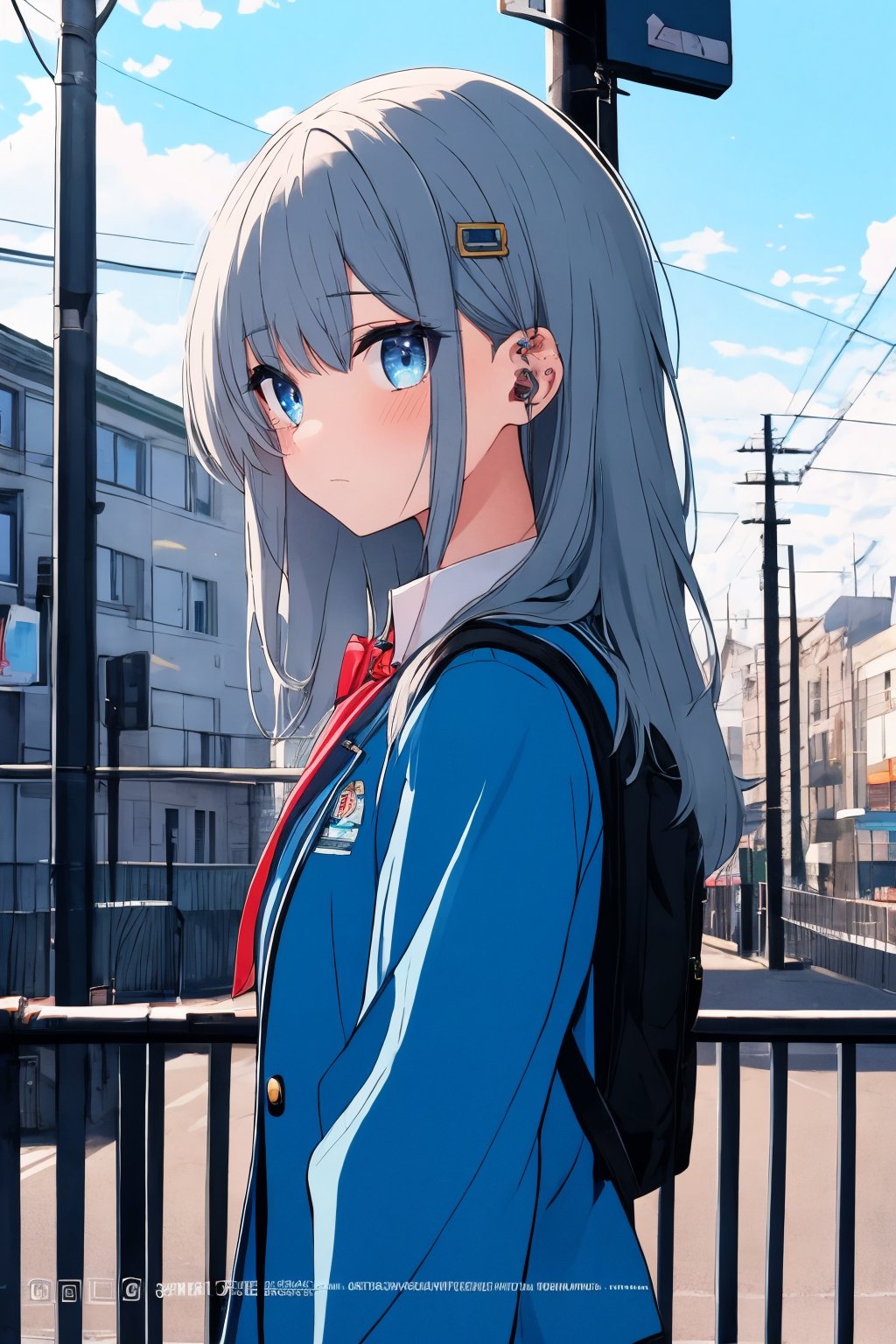 (masterpiece),,(best quality), 

1girl, solo, long hair, looking at viewer, blush, blue eyes, hair ornament, closed mouth, school uniform, jacket, upper body, grey hair, outdoors, sky, day, hairclip, cloud, bag, blue sky, piercing, blue jacket, building, ear piercing, railing, cable, earphones, power lines, utility pole