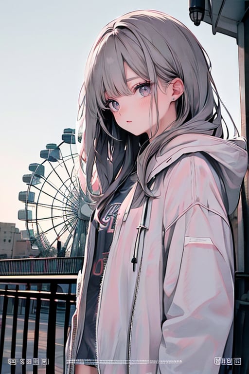 (masterpiece),,(best quality), High detailed ,masterpiece, 

1girl, solo, long hair, looking at viewer, shirt, long sleeves, closed mouth, jacket, grey hair, outdoors, open clothes, hood, pink eyes, english text, open jacket, grey eyes, white jacket, building, railing, ferris wheel