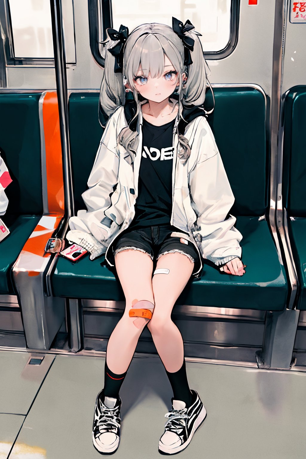 (masterpiece),,(best quality), 

1girl, solo, long hair, looking at viewer, shirt, long sleeves, bow, holding, twintails, sitting, closed mouth, jacket, full body, hair bow, grey hair, shoes, shorts, socks, open jacket, sleeves past wrists, grey eyes, black shirt, phone, black shorts, white footwear, white jacket, cellphone, bottle, black socks, sneakers, bandaid, bandaid on leg, train interior,High detailed ,masterpiece