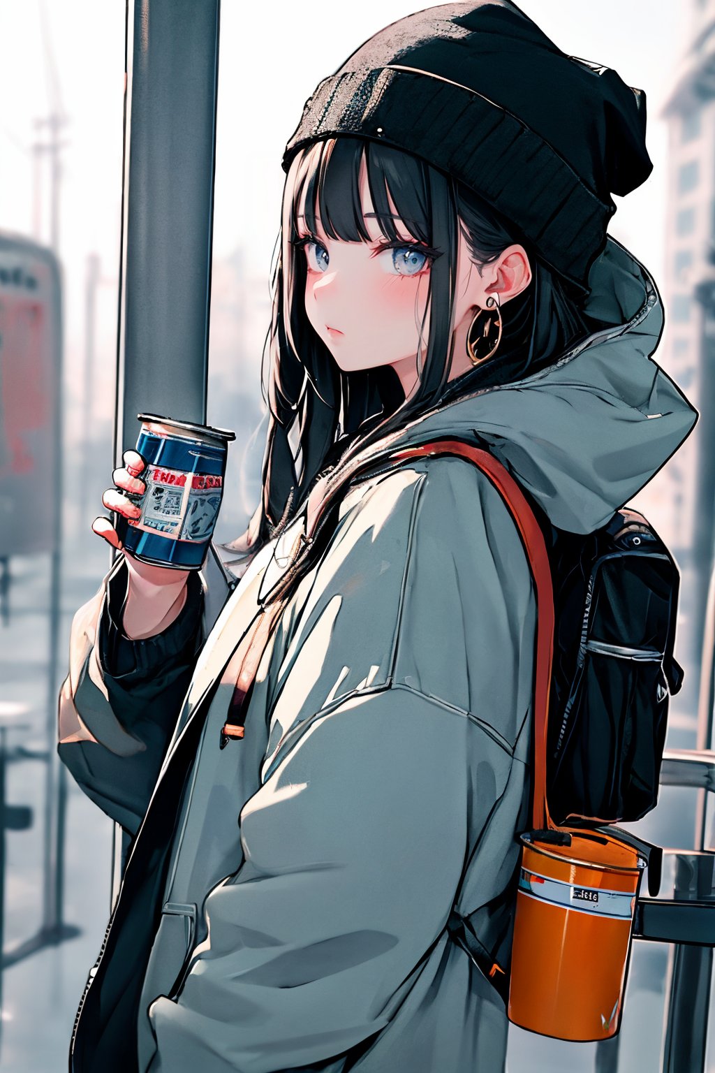 (masterpiece),,(best quality), High detailed ,masterpiece, 

1girl, solo, long hair, looking at viewer, black hair, long sleeves, hat, holding, jewelry, closed mouth, jacket, upper body, earrings, outdoors, hood, bag, from side, dated, cup, looking to the side, grey eyes, black headwear, hoodie, backpack, hood down, holding cup, hooded jacket, can, beanie, holding can, vending machine