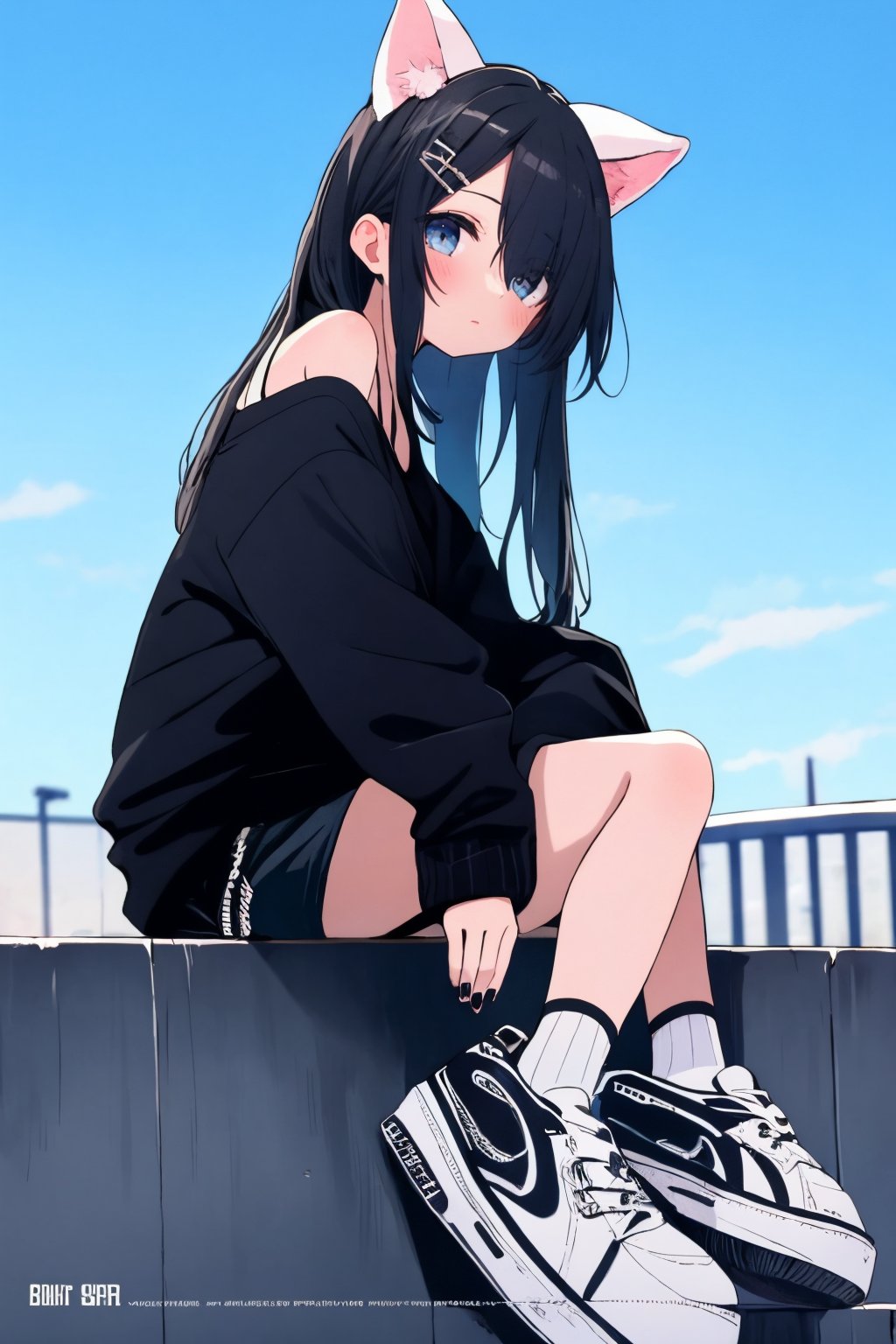 (masterpiece),,(best quality), 
1girl, solo, long hair, looking at viewer, blush, shirt, black hair, hair ornament, long sleeves, animal ears, sitting, closed mouth, jacket, full body, outdoors, sky, shoes, shorts, day, socks, hairclip, off shoulder, hair over one eye, english text, blue sky, grey eyes, black shirt, black socks, sneakers, black nails, yellow jacket