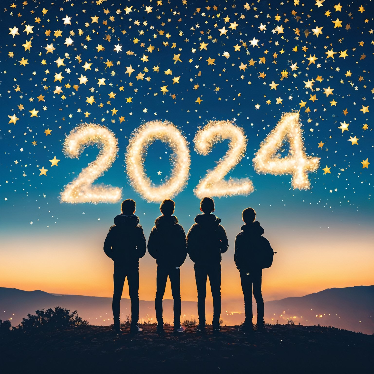 AiArtV, Happy New Year 2024, New Year 2024,  standing, male focus, outdoors, multiple boys, sky, cloud, 2boys, bag, from behind, star (symbol), star (sky), new year ,2024, template, background