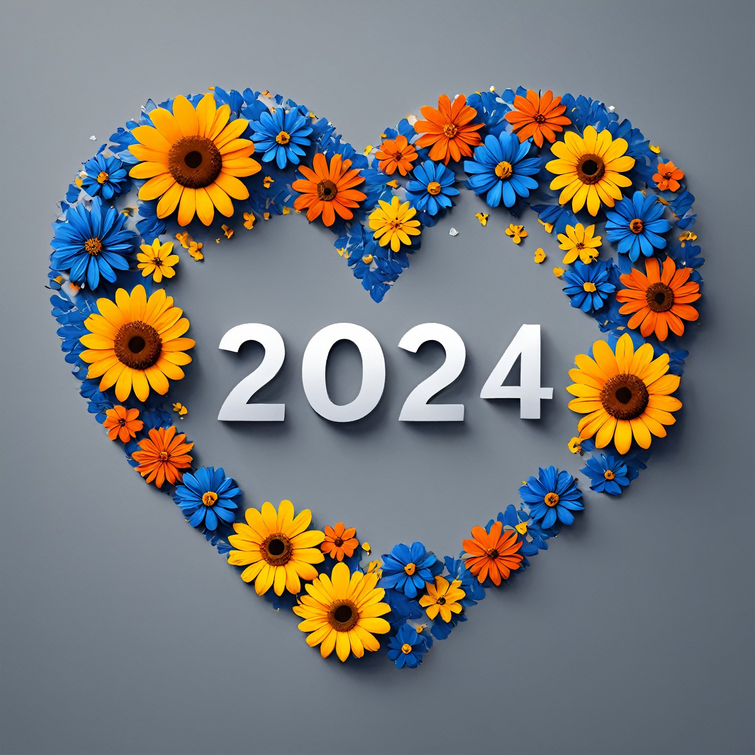 AiArtV, Happy New Year 2024, New Year 2024,  simple background, flower, heart, grey background, petals, no humans, blue flower, yellow flower, orange flower ,2024, template, background