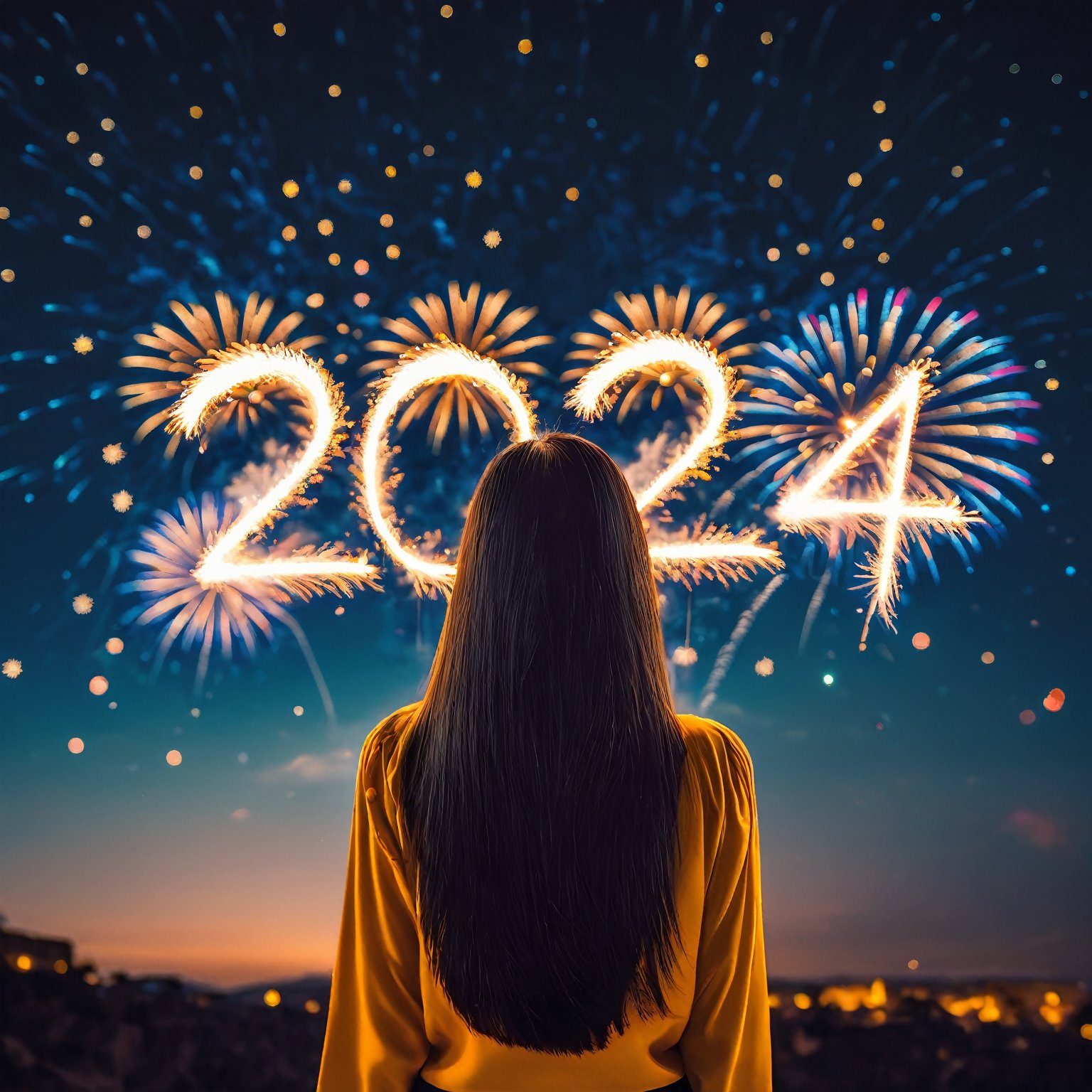 AiArtV, Happy New Year 2024, New Year 2024,  1girl, solo, long hair, black hair, long sleeves, upper body, outdoors, sky, from behind, star (symbol), blurry, night, depth of field, blurry background, star (sky), night sky, fireworks ,2024, template, background