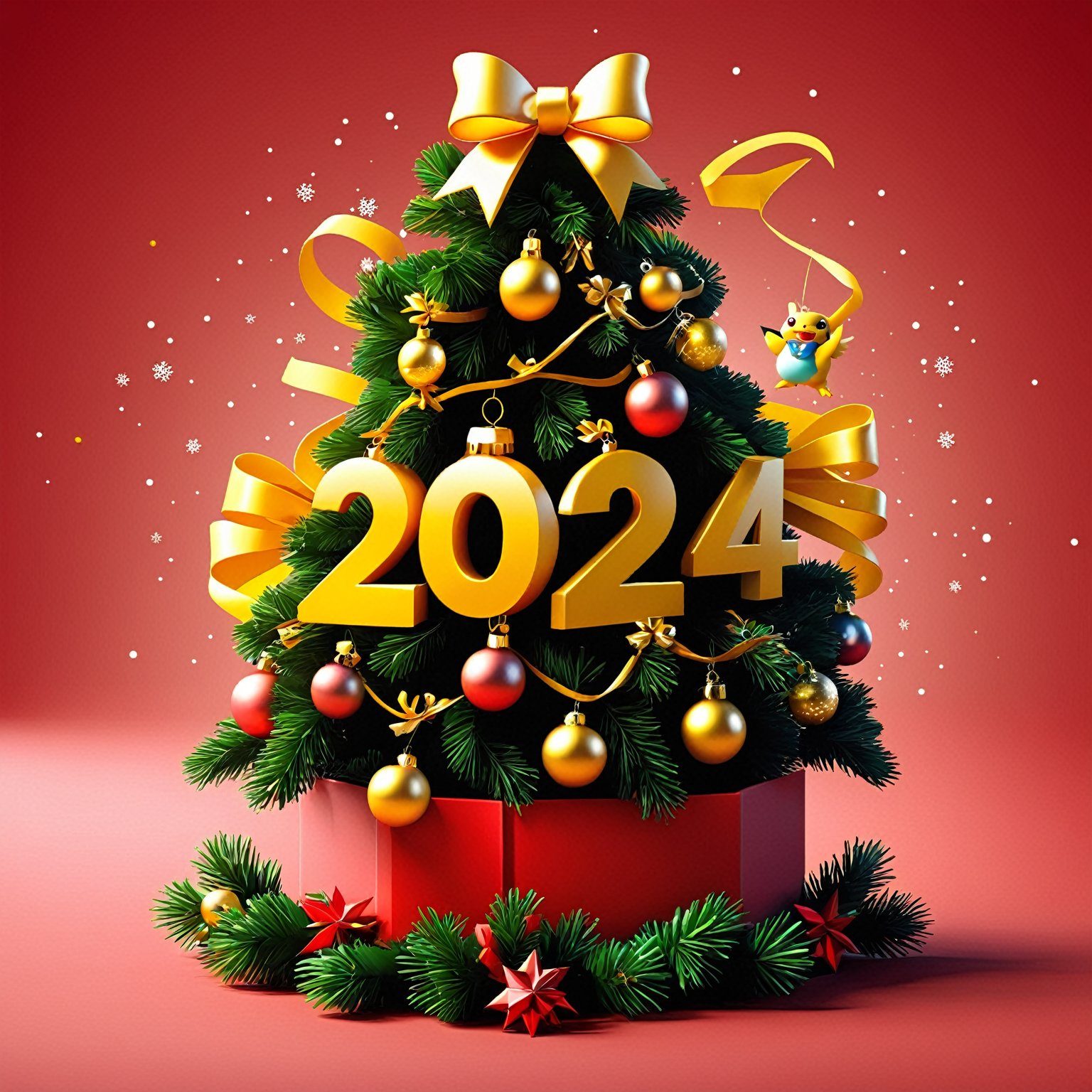 AiArtV, Happy New Year 2024, New Year 2024,  ribbon, pokemon (creature), no humans, bell, box, christmas, gift, gift box, christmas tree, christmas ornaments ,2024, template, background