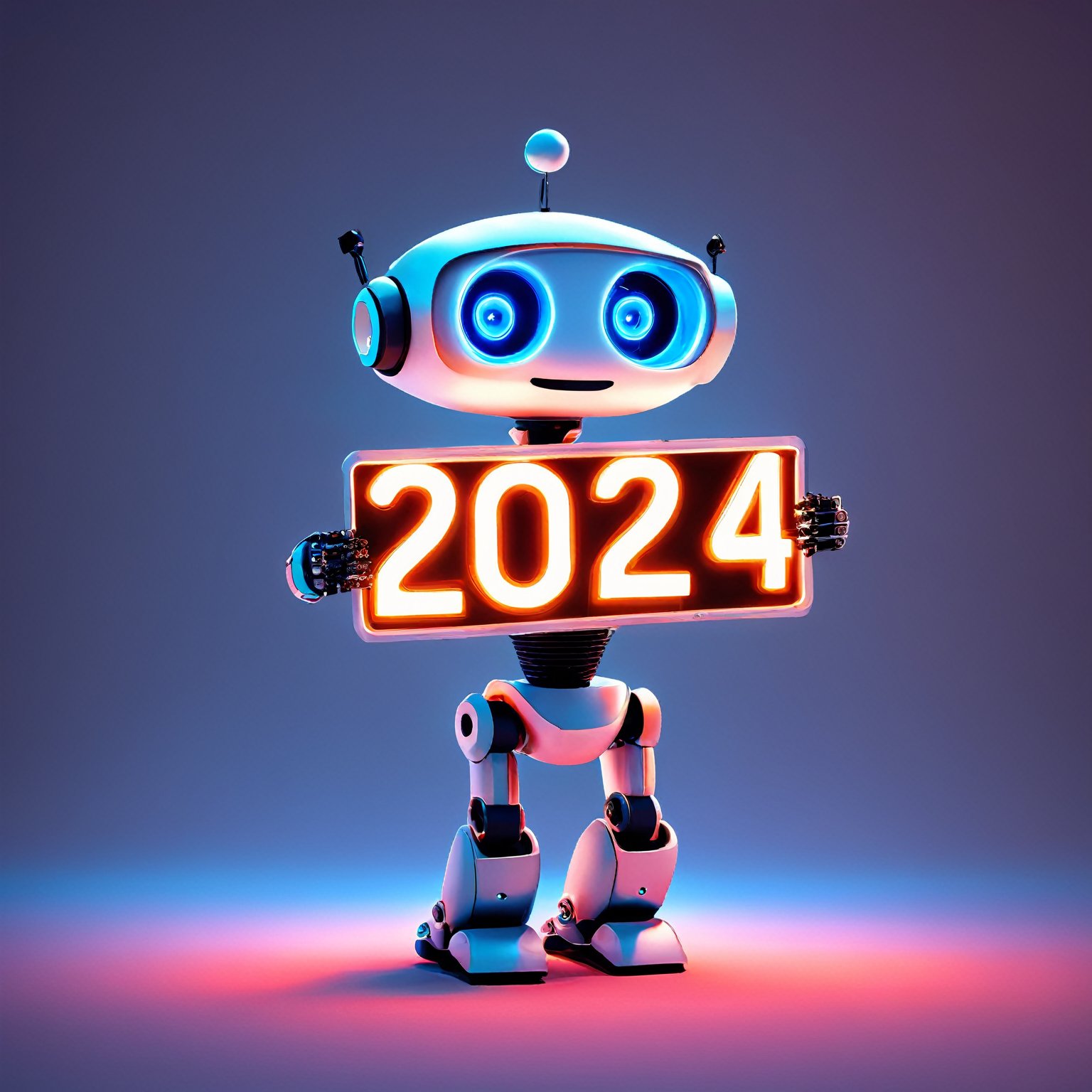 AiArtV, Happy New Year 2024, New Year 2024,  solo, blue eyes, holding, standing, full body, english text, no humans, glowing, robot, sign ,2024, template, background