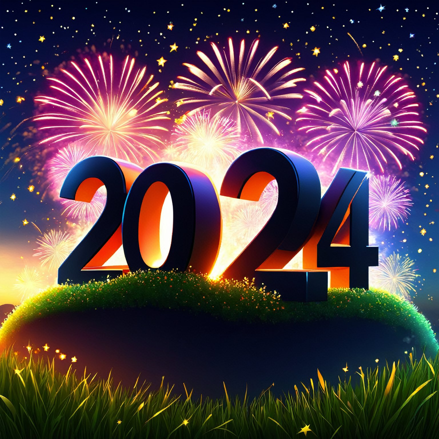 AiArtV, Happy New Year 2024, New Year 2024,  solo, outdoors, sky, english text, pokemon (creature), no humans, night, grass, star (sky), night sky, new year, happy new year, fireworks ,2024, template, background