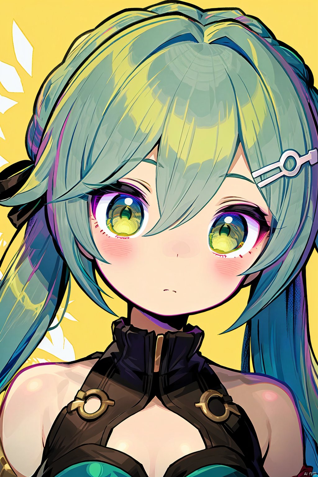  masterpicec,best quality,1girl, solo, hair ornament, green eyes, twintails, green hair, yellow background, looking at viewer, long hair, bare shoulders, bangs, closed mouth, hair between eyes, multicolored hair, hairclip, braid, multicolored eyes, shoulder cutout, blush