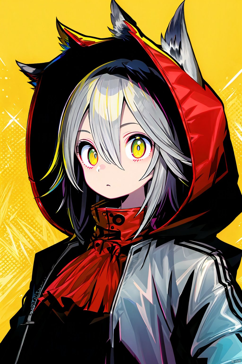  masterpicec,best quality,1girl, animal ears, solo, wolf ears, projekt red (arknights), yellow background, yellow eyes, hood, hair between eyes, wolf girl, jacket, looking at viewer, upper body, grey hair, simple background, hooded jacket, bangs, red jacket, ascot, shirt, hood up, fur-trimmed hood, closed mouth, long hair, animal ear fluff