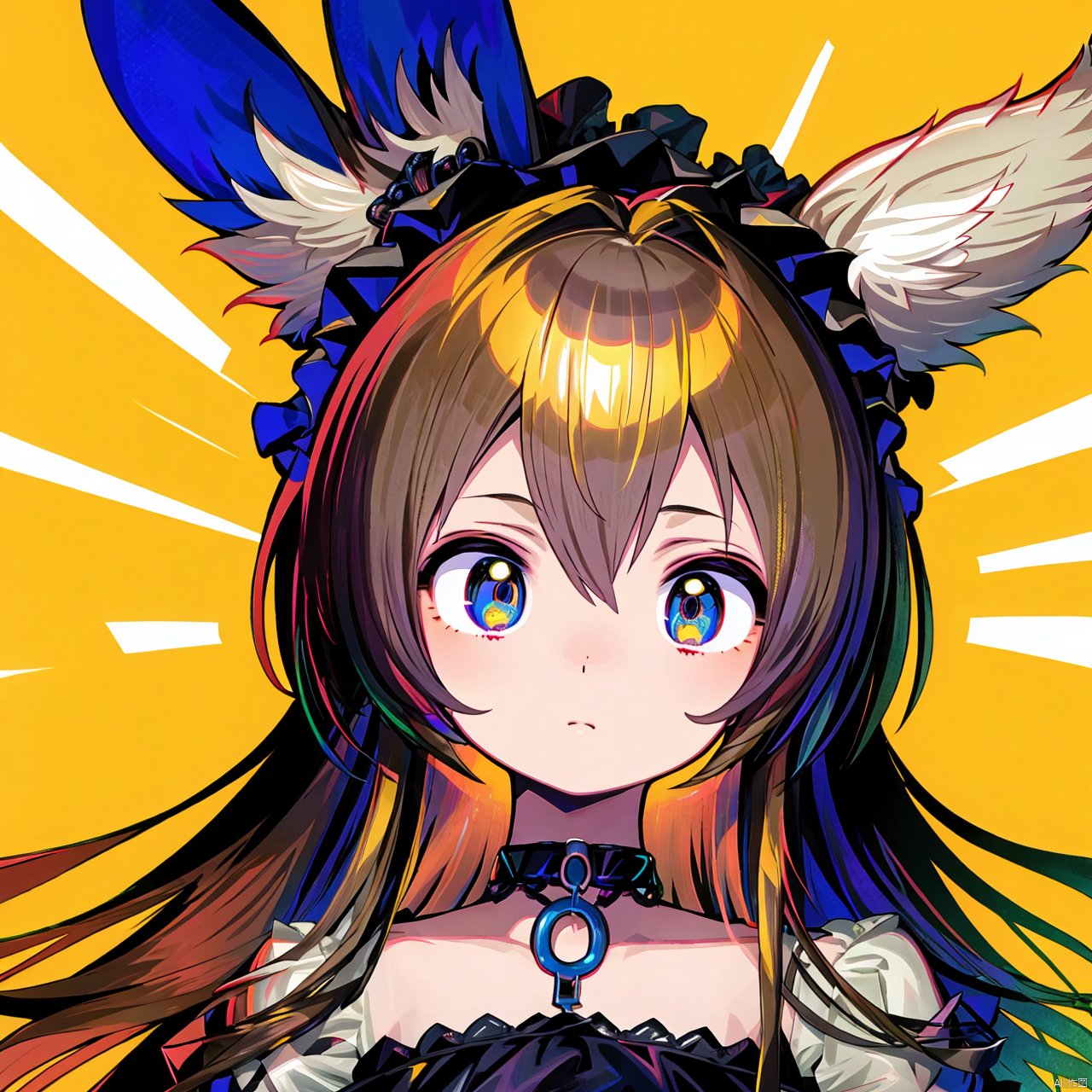  masterpicec,best quality,1girl, animal ears, solo, yellow background, amiya (arknights), brown hair, looking at viewer, rabbit ears, long hair, upper body, hair between eyes, multicolored eyes, frills, sidelocks, official alternate costume, dress, bangs, animal ear fluff, closed mouth, choker, simple background, blue eyes