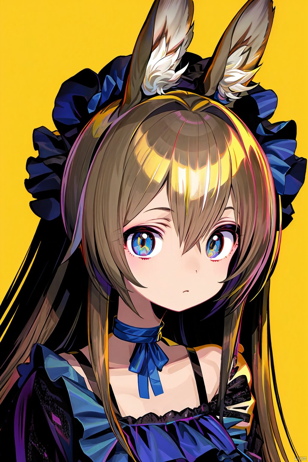  masterpicec,best quality,1girl, animal ears, solo, yellow background, amiya (arknights), brown hair, looking at viewer, rabbit ears, long hair, upper body, hair between eyes, multicolored eyes, frills, sidelocks, official alternate costume, dress, bangs, animal ear fluff, closed mouth, choker, simple background, blue eyes