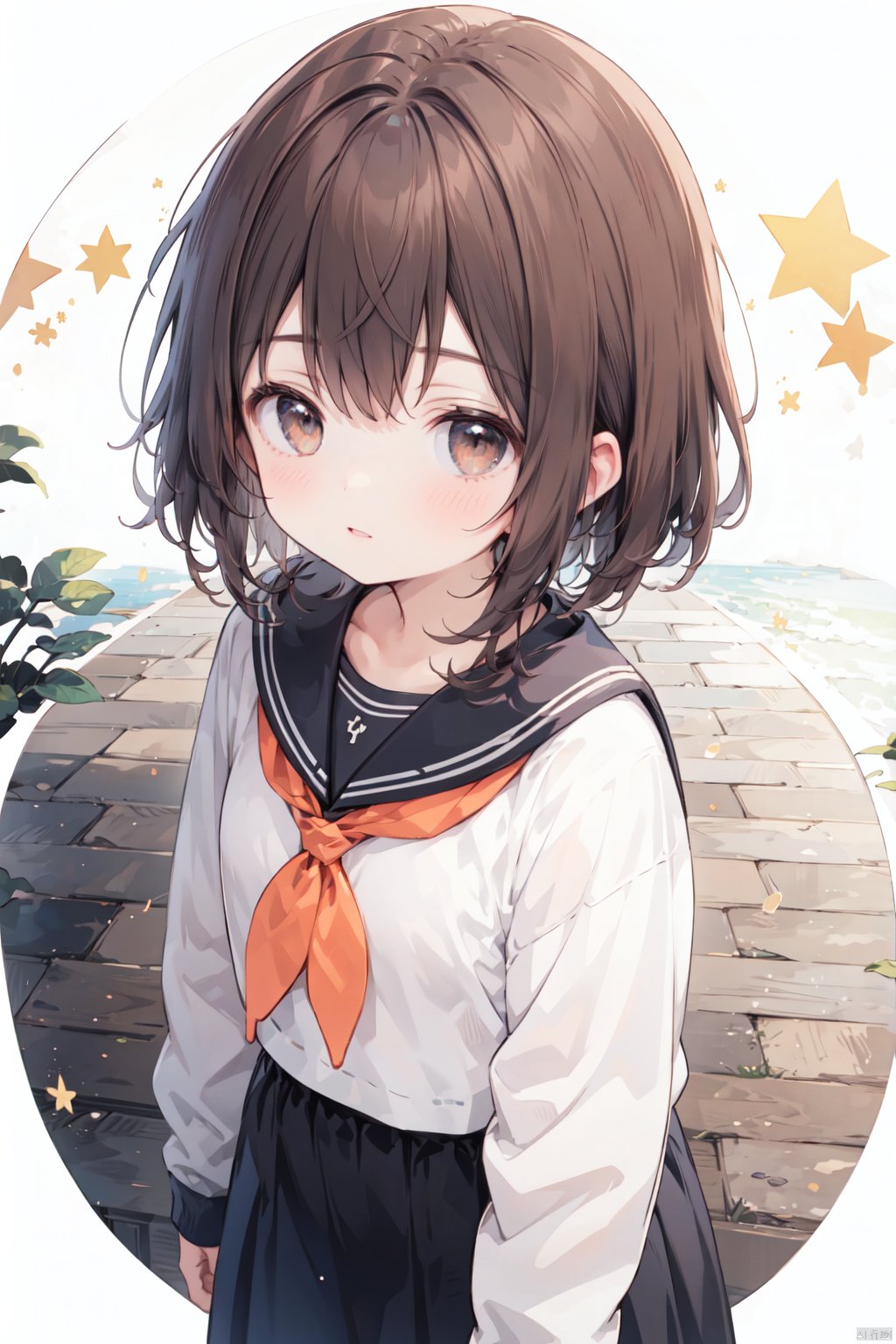  solo, 1girl, sleeves past wrists,sleeves past fingers,bangs, hair ornament, serafuku, white background, short hair, parted lips,long sleeves, muted color, neckerchief, brown hair, sailor collar,blunt bangs, cowboy shot, orange eyes, black sailor collar, looking at viewer,,(lake:1.2),(starry sky:1.2),from above,fisheye