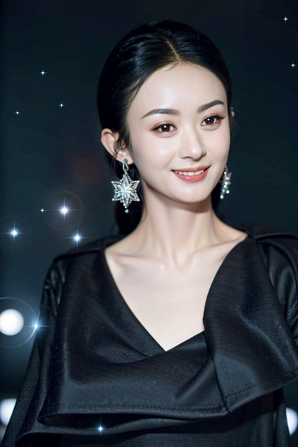 masterpiece,huge filesize,best quality,photo_(medium),1girl,Cinematic Lighting,real skin,black hair,grin,Immortal picture,starry_background,earrings,art,black dress,solo,upper body,clean,beautiful face,pure face,smile,face_focus,<lora:zhaoliying2-000008:1>,