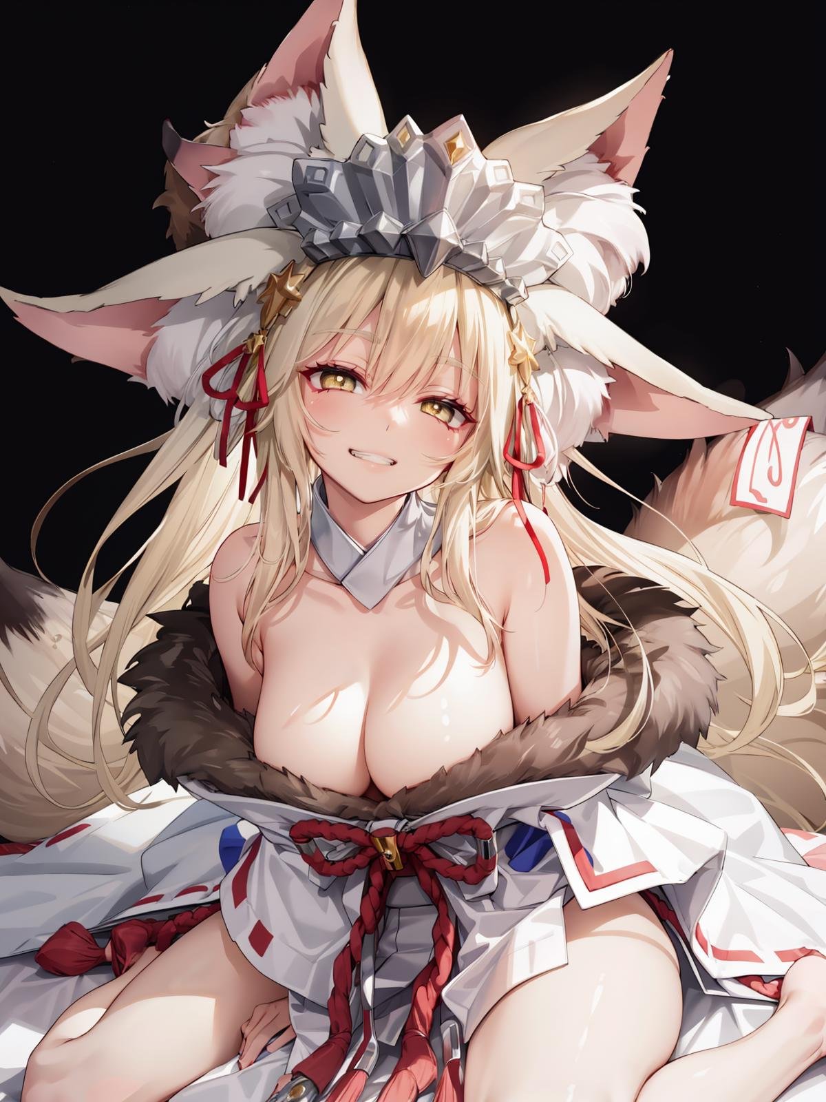 (extremely detailed CG, best quality:1.1), 1girl, perfect face, bright pupils, (finely detailed beautiful eyes:1.1), shiny skin, lustrous skin, wide hips, narrow waist, long hair, fox ears, animal ear fluff, fox girl, yellow eyes, fox tail, japanese clothes, white kimono, fur-trimmed kimono, rope, cleavage, wide sleeves, off shoulder, (barefoot:1.2), detached collar, talisman,  simple background, black background,  large breasts, evil grin, half-closed eyes, leaning forward, wariza, head tilt, <lora:KoyanskayaofDarkness:0.8>