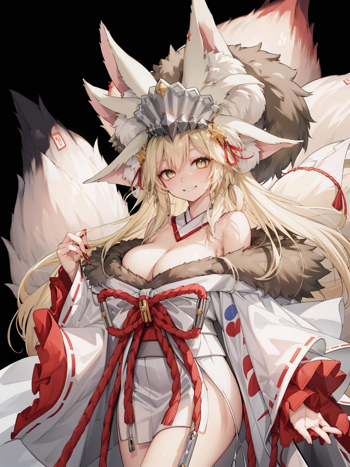 (extremely detailed CG, best quality:1.1), 1girl, perfect face, bright pupils, (finely detailed beautiful eyes:1.1), shiny skin, lustrous skin, wide hips, narrow waist, long hair, fox ears, animal ear fluff, fox girl, yellow eyes, fox tail, japanese clothes, white kimono, fur-trimmed kimono, rope, cleavage, wide sleeves, off shoulder, barefoot, detached collar, talisman, cowboy shot, simple background, black background,  large breasts, evil grin, half-closed eyes, blood on hands<lora:KoyanskayaofDarkness:0.8>