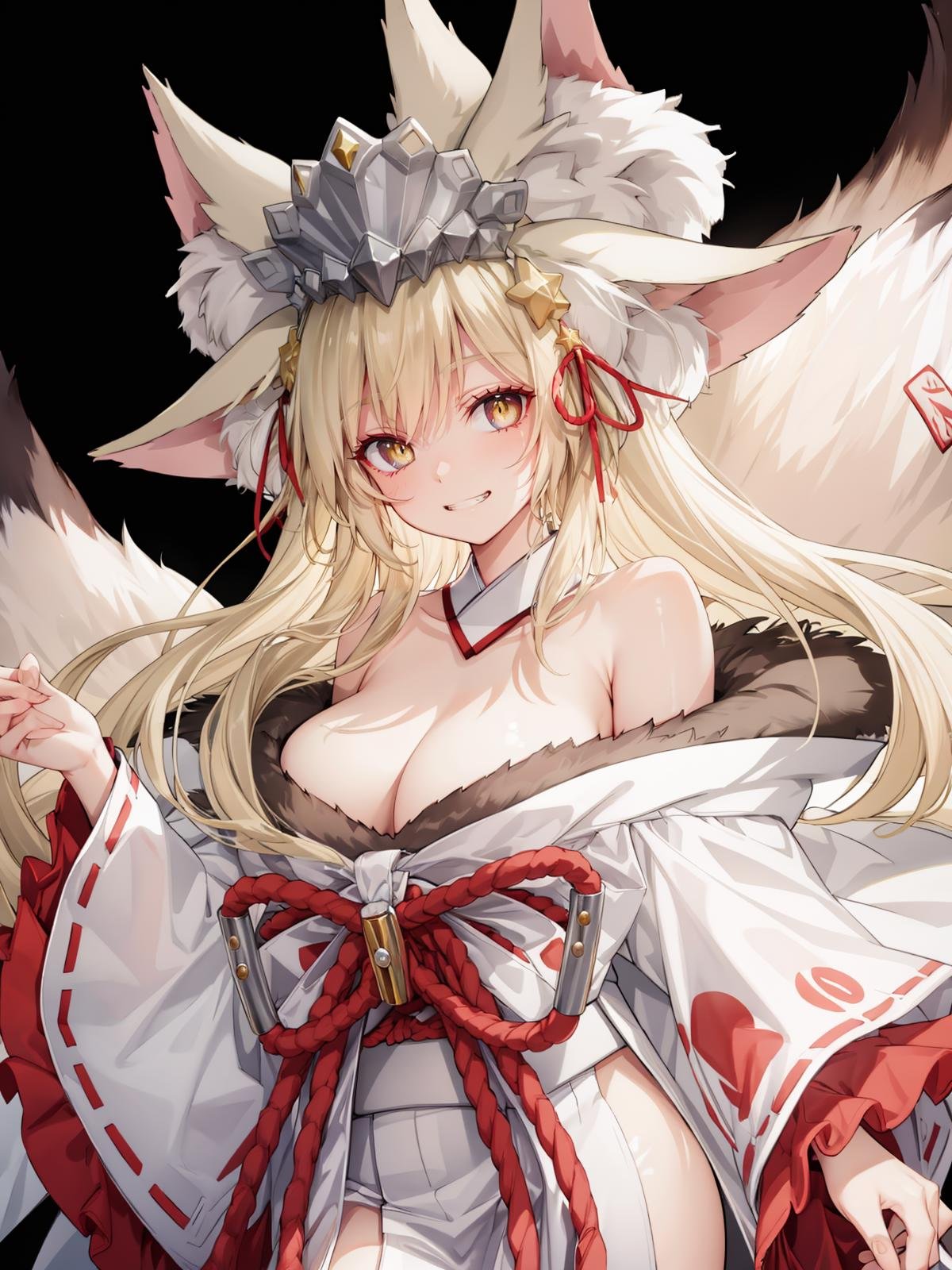 (extremely detailed CG, best quality:1.1), 1girl, perfect face, bright pupils, (finely detailed beautiful eyes:1.1), shiny skin, lustrous skin, wide hips, narrow waist, long hair, fox ears, animal ear fluff, fox girl, yellow eyes, fox tail, japanese clothes,  white kimono, fur-trimmed kimono, rope, cleavage, wide sleeves, off shoulder, barefoot, detached collar, talisman,cowboy shot,  simple background, black background,  large breasts,evil grin, <lora:KoyanskayaofDarkness:0.8>